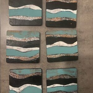 Hand Painted One of a Kind Abstract Teal and Black Coaster Set